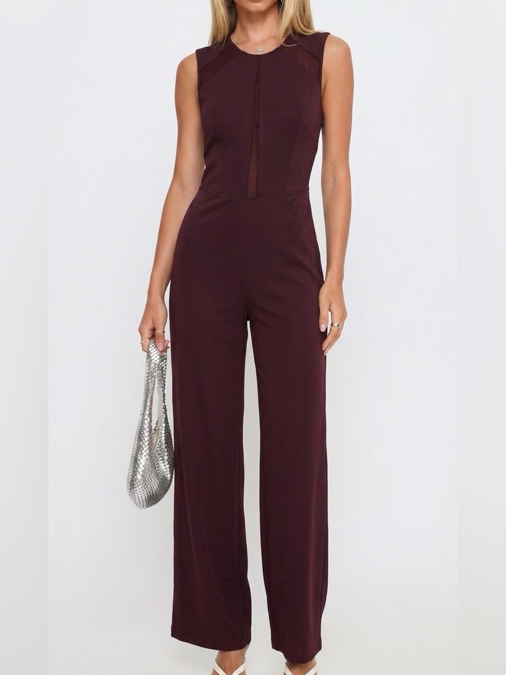 AQ/AQ Sleeveless Wide-Leg Jumpsuit in Deep Plum Wine Silky Satin